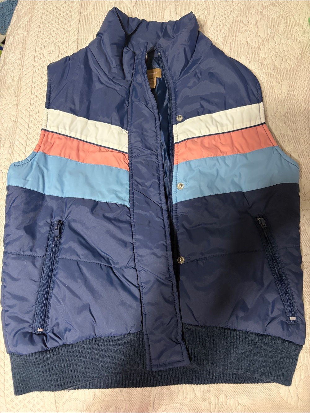 Women's Navy Puffer Vest with Colorblock Stripes Small fall